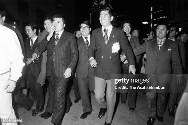 Tokyo gubernatorial election candidate Shintaro Ishihara walks on the street to call support as the election campaign contineus on March 22, 1975 in...