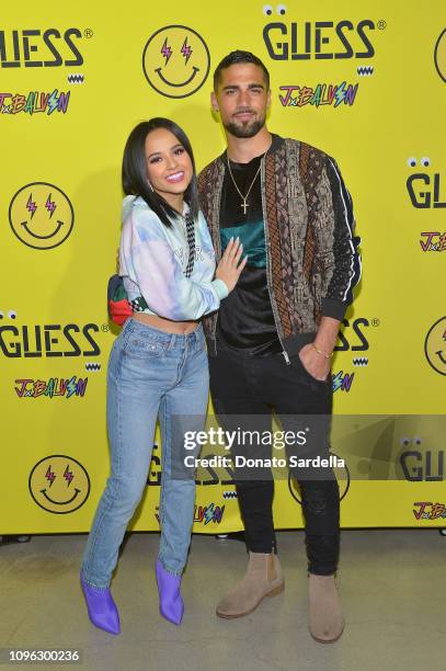 Becky G and a guest attend GUESS x J Balvin launch party on February 8, 2019 in Los Angeles, California.