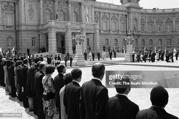 Romanian President Nicolae Ceausescu and his wife Elena attend their seeing off ceremony with Emperor Hirohito at the Akasaka State Guest House on...