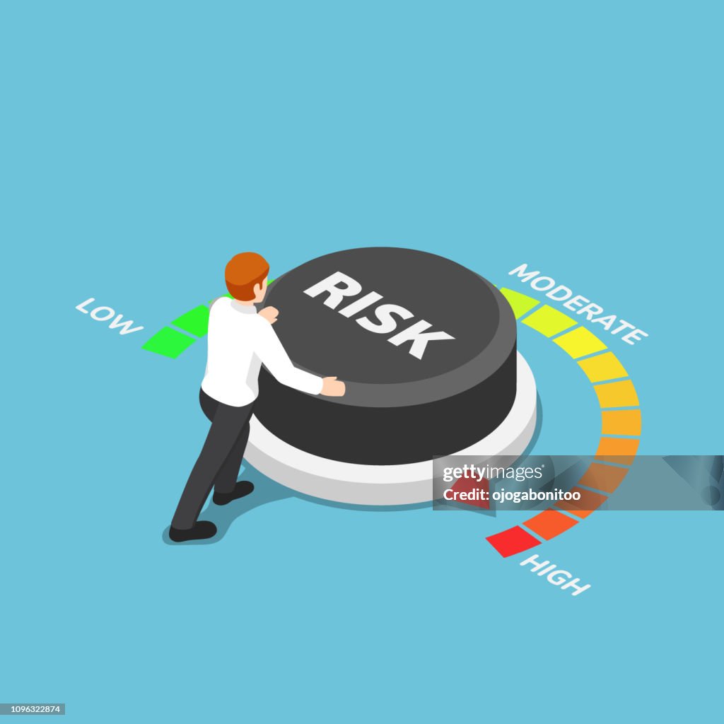 Isometric businessman turning risk button to high position