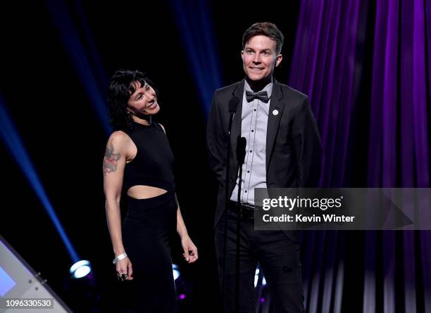 Kim Schifino and Matt Johnson of Matt and Kim presemnts onstage at the 2019 iHeartRadio Podcast Awards Presented by Capital One at the iHeartRadio...