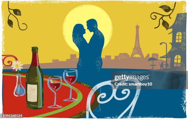 romantische szene - paris - küssen stock-grafiken, -clipart, -cartoons und -symbole