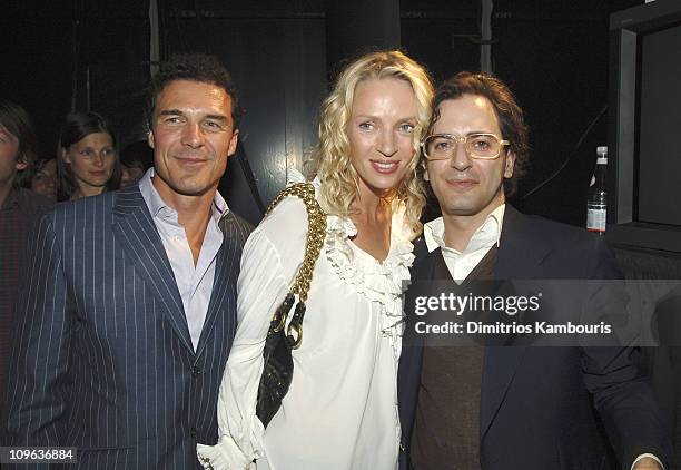 Andre Balazs, Uma Thurman and Marc Jacobs during Olympus Fashion Week Spring 2006 - Marc Jacobs - Front Row and Backstage at N.Y. State Armory in New...