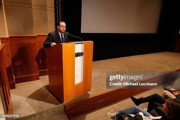 Luis Rosero of CitiGroup addresses the audience during the HBO Documentary Screening of "Kick Like A Girl" at HBO Building on November 20, 2008 in...