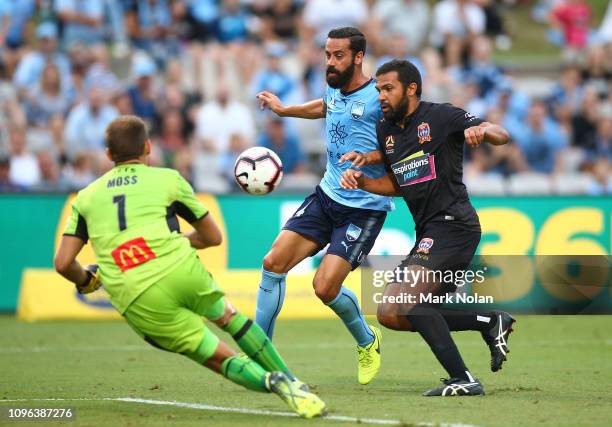 Glen Moss and Nikolai Topor-Stanley of the Jets defend as Alex Brosque of Sydney attacks during the round 14 A-League match between Sydney FC and the...