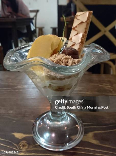 This image shows Fuji apple and chestnut parfait with green tea syrup..., News Photo
