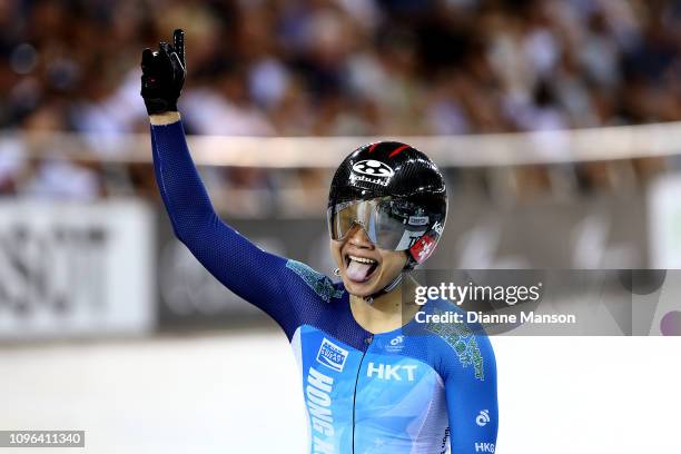 Wai Sze Lee of Hong Kong celebrates finishing first in the Women's Sprint final during the 2018 UCI Track World Cup on January 19, 2019 in Cambridge,...