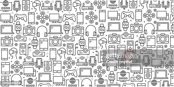 stockillustraties, clipart, cartoons en iconen met vector set van ontwerpsjablonen en elementen voor elektronica en apparaten in trendy lineaire stijl - naadloze patronen met lineaire pictogrammen met betrekking tot elektronica en apparaten - vector - appliance store