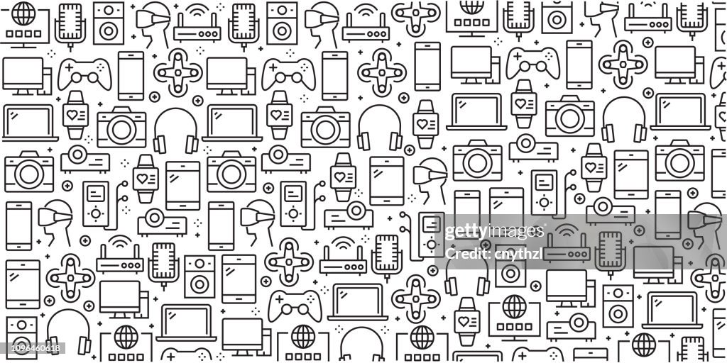 Vector set of design templates and elements for Electronics and Devices in trendy linear style - Seamless patterns with linear icons related to Electronics and Devices - Vector