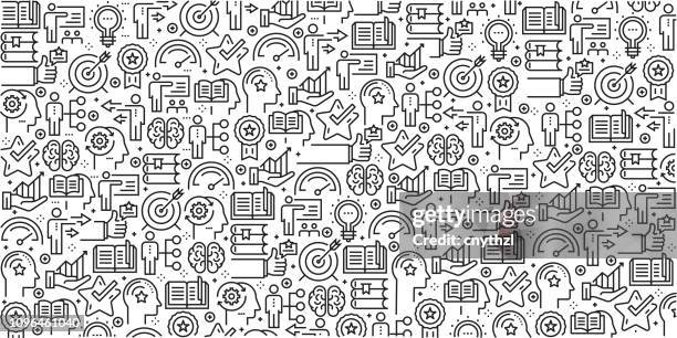 vektorsatz von designvorlagen und elementen für best practice und geschicklichkeit im trendigen linearen stil - nahtlose muster mit linearen symbolen im zusammenhang mit best practice und skill - vector - zusammenstellung stock-grafiken, -clipart, -cartoons und -symbole