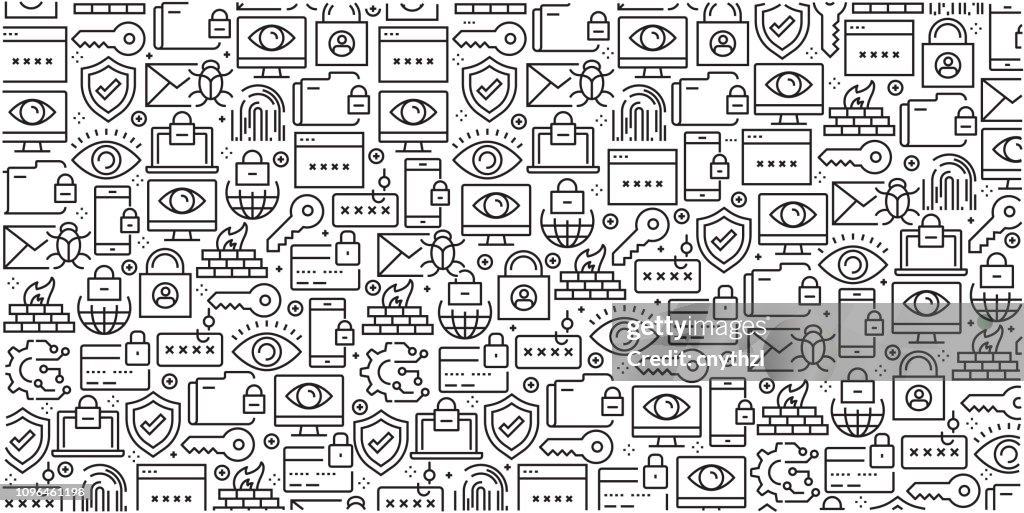 Vector set of design templates and elements for Cyber Security in trendy linear style - Seamless patterns with linear icons related to Cyber Security - Vector