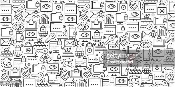 vector set of design templates and elements for cyber security in trendy linear style - seamless patterns with linear icons related to cyber security - vector - privacy stock illustrations