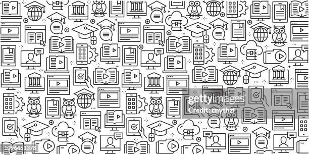 vector set of design templates and elements for e-learning in trendy linear style - seamless patterns with linear icons related to e-learning - vector - online university stock illustrations