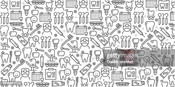 vektor-set von design-vorlagen und elemente für dental im trendigen linearen stil - nahtlose muster mit linearen symbolen im zusammenhang mit dental - vektor - dental stock-grafiken, -clipart, -cartoons und -symbole