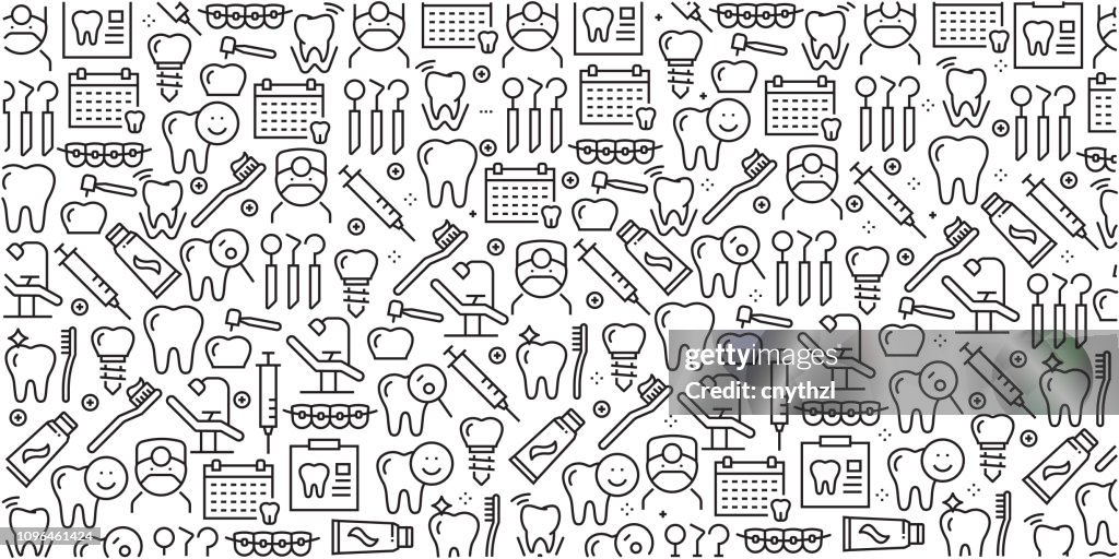 Vector set of design templates and elements for Dental in trendy linear style - Seamless patterns with linear icons related to Dental - Vector