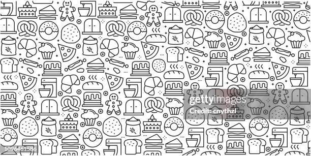 ilustraciones, imágenes clip art, dibujos animados e iconos de stock de conjunto de vector de elementos y plantillas de diseño para panadería estilo moderno - en patrones sin fisuras con los iconos lineales relacionados con panadería - vector - fabricación de galletas