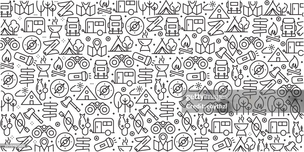 Vector set of design templates and elements for Camping in trendy linear style - Seamless patterns with linear icons related to Camping - Vector