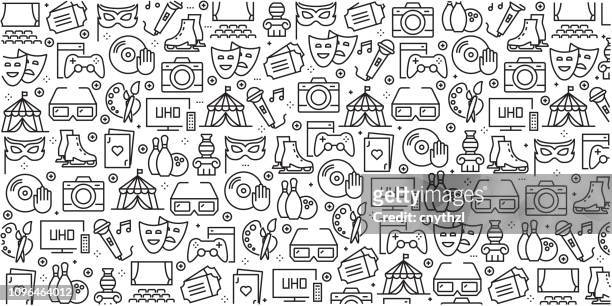 vector set of design templates and elements for entertainment in trendy linear style - seamless patterns with linear icons related to entertainment - vector - arts culture and entertainment stock illustrations