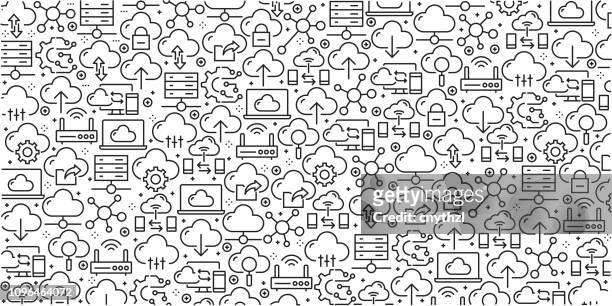ilustraciones, imágenes clip art, dibujos animados e iconos de stock de vector conjunto de elementos y plantillas de diseño para cloud computing en estilo moderno - patrones sin fisuras con iconos lineales relacionados con cloud computing - vector - metodico