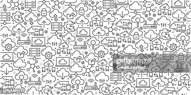 stockillustraties, clipart, cartoons en iconen met vector set van ontwerpsjablonen en elementen voor cloud computing in trendy lineaire stijl - naadloze patronen met lineaire pictogrammen aan cloud computing - vector gerelateerde - cloud computing