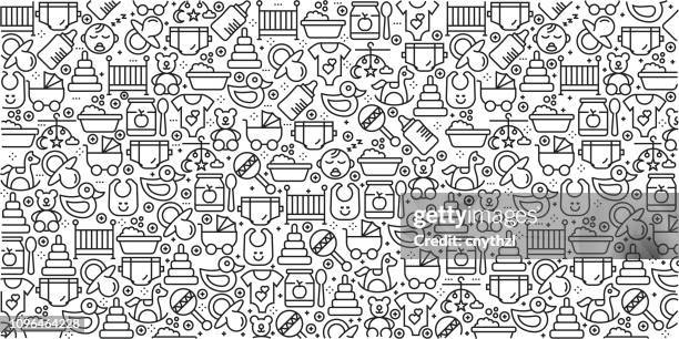 vector set of design templates and elements for baby in trendy linear style - seamless patterns with linear icons related to baby - vector - baby stock illustrations