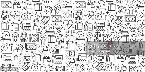 vector set of design templates and elements for employee benefits in trendy linear style - seamless patterns with linear icons related to employee benefits - vector - charity benefit stock illustrations