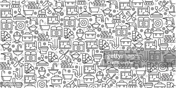 vector set of design templates and elements for construction industry in trendy linear style - seamless patterns with linear icons related to construction industry - vector - gardening tools stock illustrations