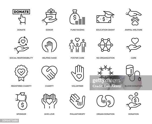 illustrazioni stock, clip art, cartoni animati e icone di tendenza di set di icone di beneficenza e donazione - organizzazione no profit