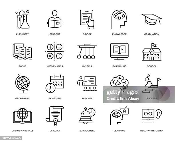 illustrazioni stock, clip art, cartoni animati e icone di tendenza di set di icone education - illustrazione a linee sottili