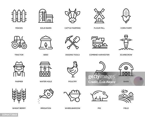 ilustrações, clipart, desenhos animados e ícones de fazenda e agricultura icon set - cerca