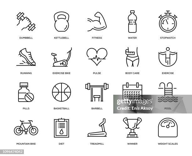 illustrazioni stock, clip art, cartoni animati e icone di tendenza di set di icone fitness - pinning