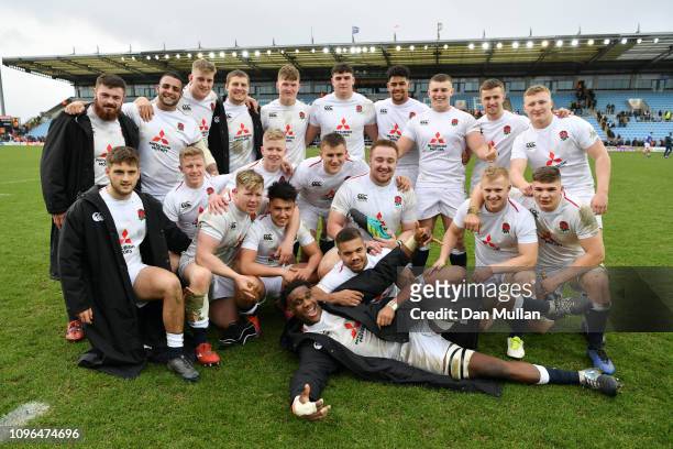 England team pose for a photograph following the Under 20 Six Nations match between England U20 and France U20 at Sandy Park on February 9, 2019 in...