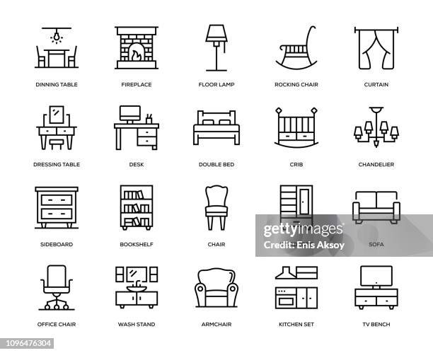 illustrazioni stock, clip art, cartoni animati e icone di tendenza di set di icone mobili - interno appartamento