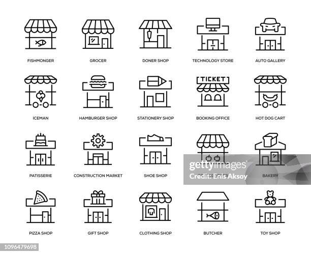 store-gebäude-icon-set - einzelhandelsberuf stock-grafiken, -clipart, -cartoons und -symbole