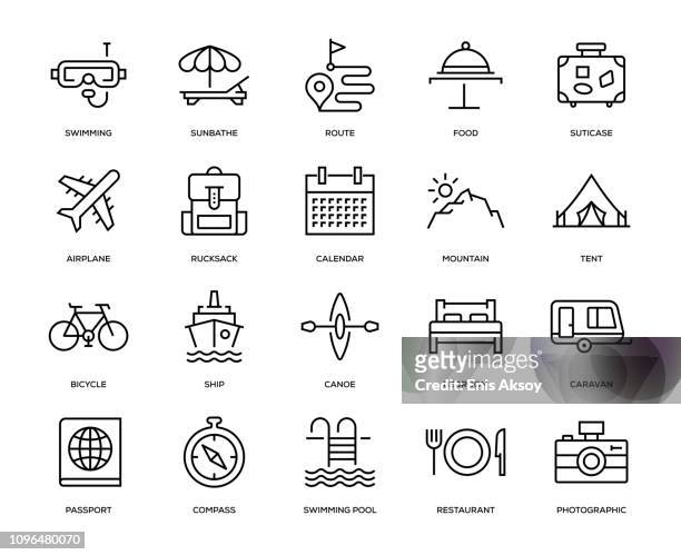 ilustraciones, imágenes clip art, dibujos animados e iconos de stock de conjunto de iconos de viaje - bicicleta montaña