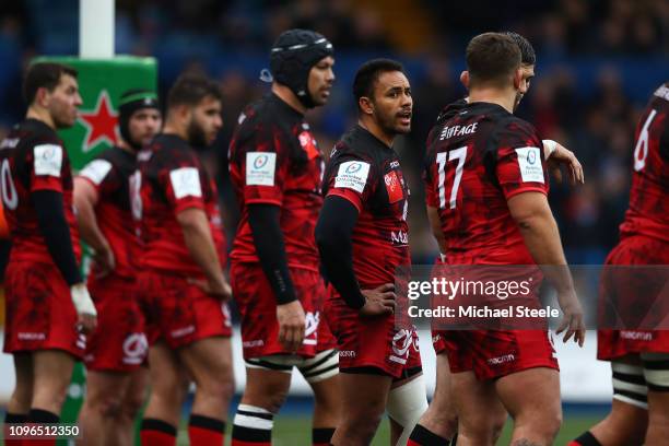 Rudi Wulf of Lyon looks towards Alexandre Menini after his side concede a try during the Champions Cup Pool 3 match between Cardiff Blues and Lyon...