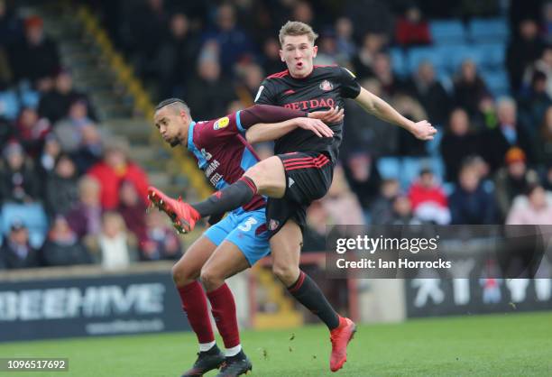 James Dunne of Sunderland has a shot during the Sky Bet League One match between Scunthorpe United and Sunderland at Glanford Park on January 19,...