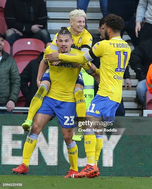 Kalvin Phillips of Leeds United celebrates scoring with teamates during the Sky Bet Championship match between Middlesbrough and Leeds United at the...