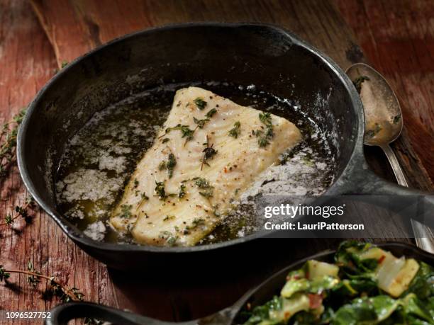 butter poached halibut with swiss chard - halibut stock pictures, royalty-free photos & images