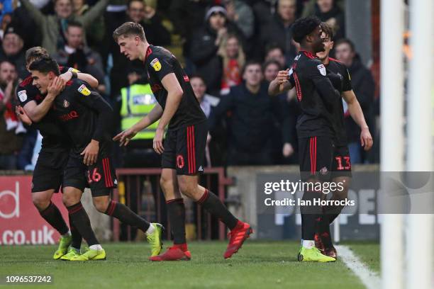 Sunderland players celebrate the opening goal scored by Josh Maja during the Sky Bet League One match between Scunthorpe United and Sunderland at...