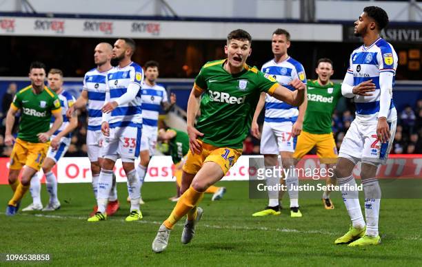 Jordan Storey of Preston North End celebrates scoring the 2nd Preston goal during the Sky Bet Championship match between Queens Park Rangers and...