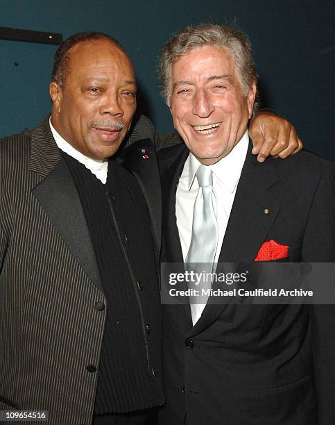 Quincy Jones and Tony Bennett during Singers and Songs Celebrate Tony Bennett's 80th to Benefit Paul Newman's Hole in the Wall Camps - Backstage and...