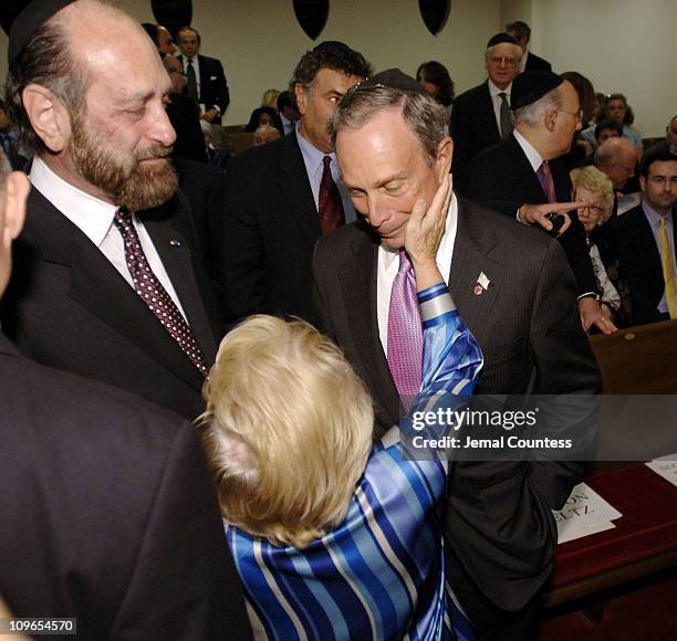 Cantor Joseph Malovany and Dr. Ruth Westheimer greet New York Mayor Michael Bloomberg at the New York Memorial Service for Simon Wiesenthal on...