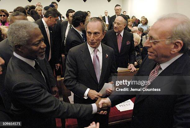 Secretary General Kofi Annan greets New York Mayor Michael Bloomberg and guest at the New York Memorial Service for Simon Wiesenthal on September 27,...