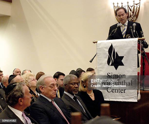 Rabbi Yaakov Kermaier addresses the audiance at the New York Memorial Service for Simon Wiesenthal on September 27, 2005 in New York City