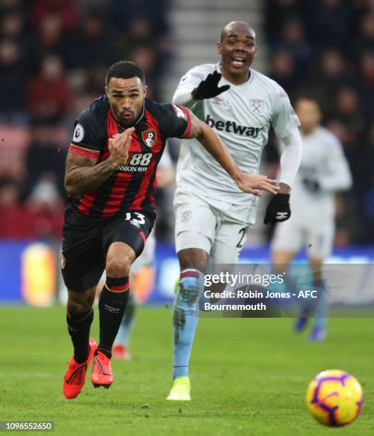 Callum Wilson of Bournemouth and Angelo Ogbonna of West Ham United during the Premier League match between AFC Bournemouth and West Ham United at...