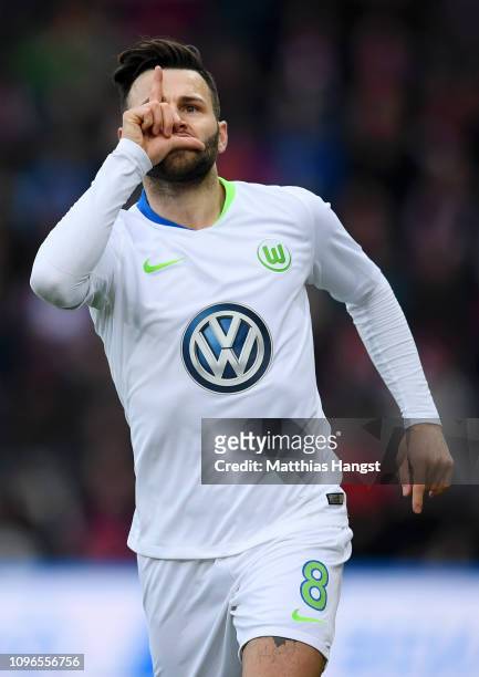 Renato Steffen of VfL Wolfsburg celebrates after scoring his team's third goal during the Bundesliga match between Sport-Club Freiburg and VfL...
