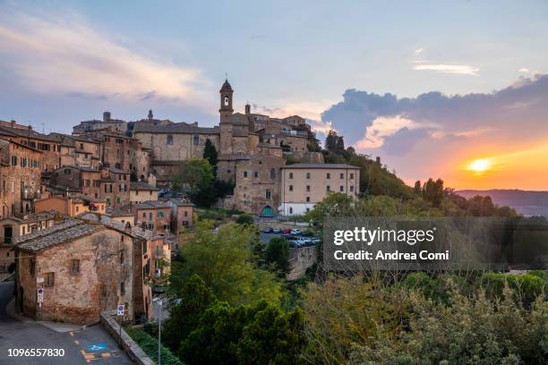 view of montepulciano village - montepulciano stock pictures, royalty-free photos & images