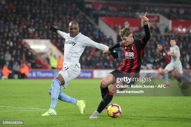 Angelo Ogbonna of West Ham United and David Brooks of Bournemouth during the Premier League match between AFC Bournemouth and West Ham United at...