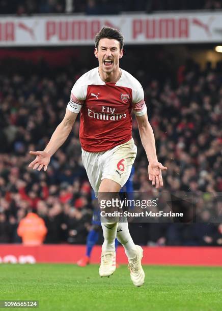 Laurent Koscielny celebrates scoring the 2nd Arsenal goal during the Premier League match between Arsenal FC and Chelsea FC at Emirates Stadium on...